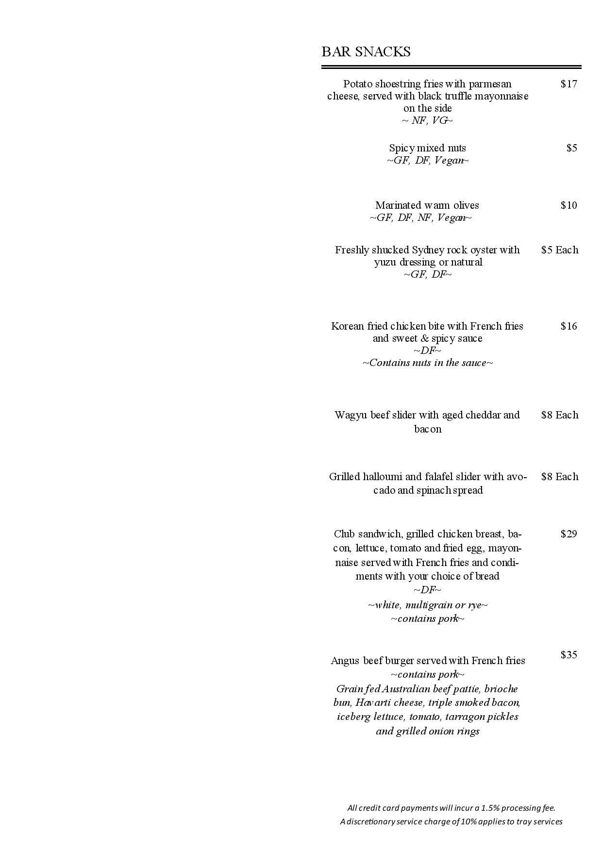 Menu at Marble Bar, Sydney