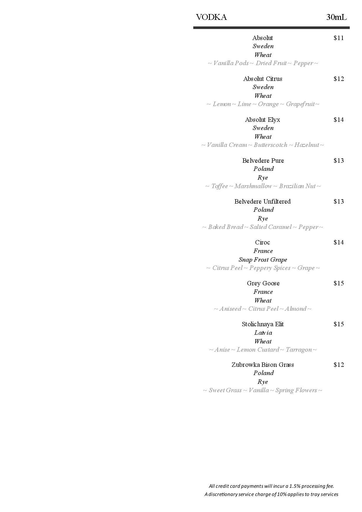 Menu at Marble Bar, Sydney