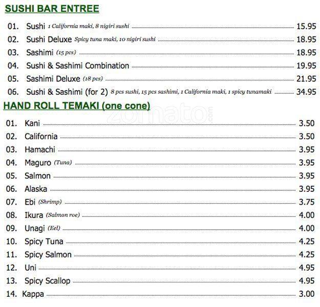 Menu at Kassai sushi restaurant, Denver, 731 Quebec St