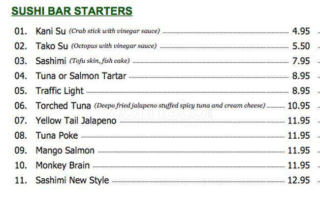 Menu at Kassai sushi restaurant, Denver, 731 Quebec St