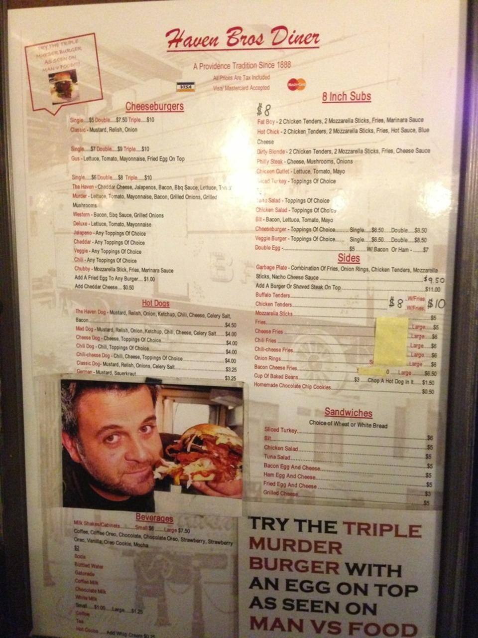 Haven Brothers Diner Menu, Menu for Haven Brothers Diner, Federal Hill