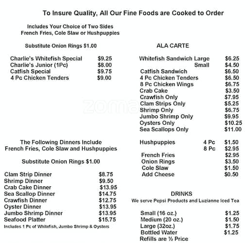 Menu at Charlie's Fresh Seafood restaurant, Lexington