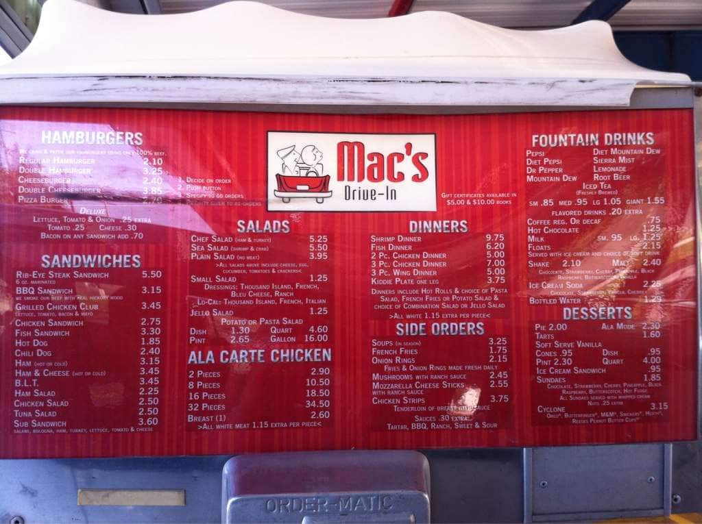 Menu at Mac's DriveIn restaurant, McCook