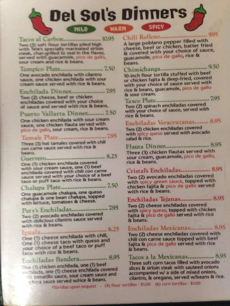 Menu at Tierra Del Sol Mexican Restaurant, Sulphur Springs