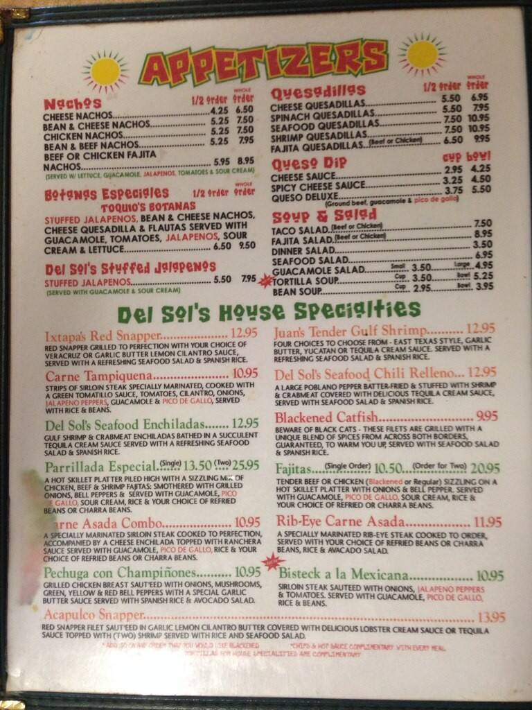 Menu at Tierra Del Sol Mexican Restaurant, Sulphur Springs