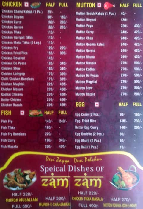 Menu at zam zam fast foods corner mohammed saad mohamm, Mumbai