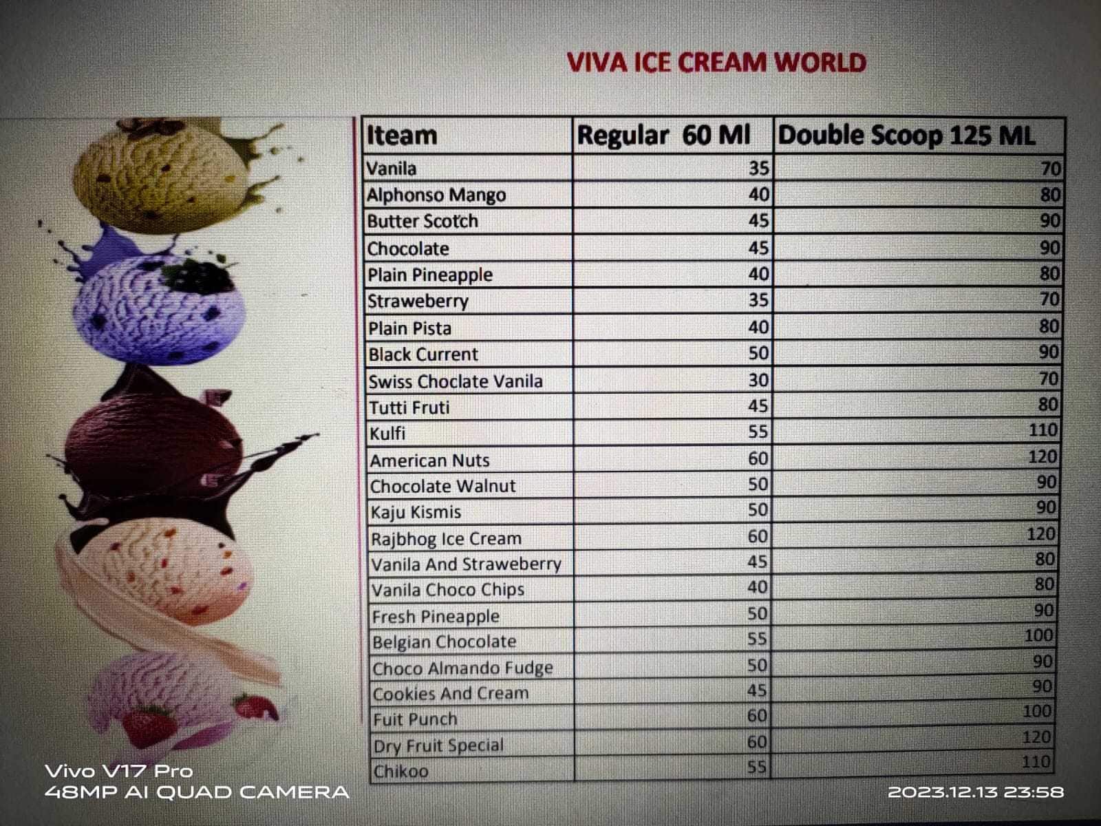 Menu of Viva Ice Cream World, Bhandup, Mumbai