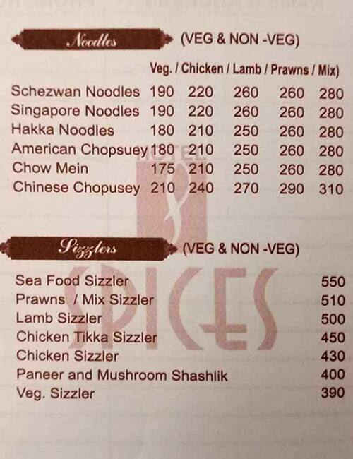 Spices Restaurant and Bar menu
