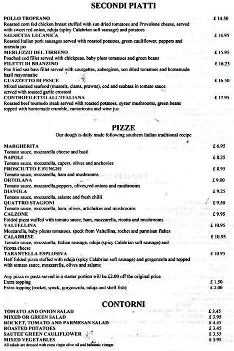 Menu at Tarantella restaurant, London, 4 Elliott Rd