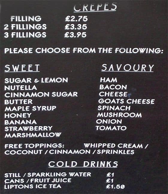 Crumbs of Portobello menu, Menu restauracji Crumbs of Portobello