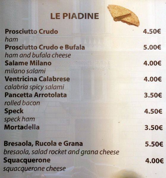 Menu da Piadina e Crescione ristorante, Roma