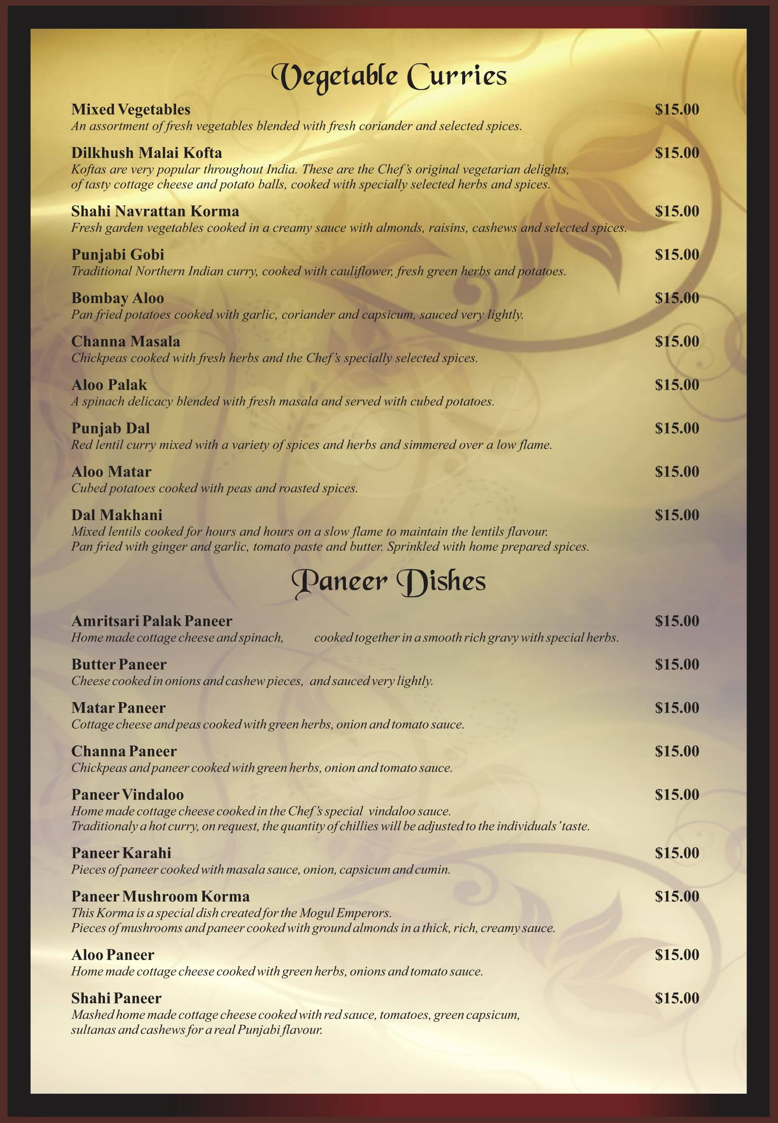 Menu at Rangla Punjab Indian restaurant, Cashmere