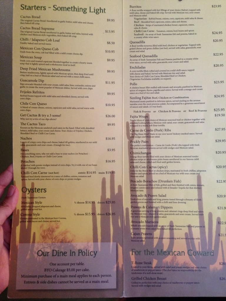 The Prickly Cactus Menu, Menu for The Prickly Cactus, Launceston