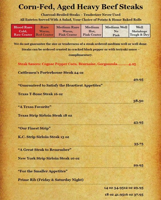 Menu at Cattlemen's Steak House steakhouse, Fort Worth