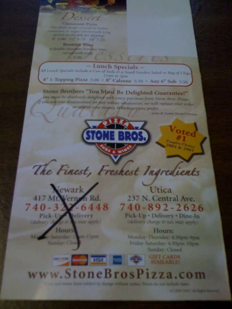 Menu at Stone Bros Pizza, Utica