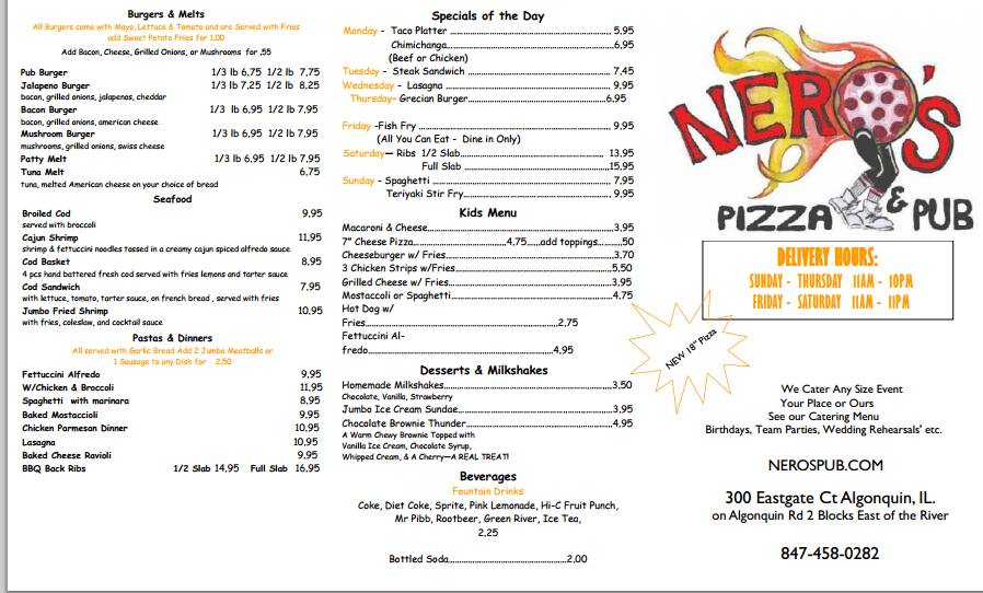 Nero's Pizza & Pub Menu Urbanspoon/Zomato