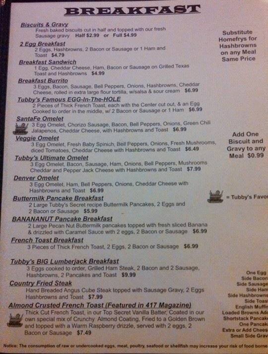 Tubby's Diner Menu, Menu for Tubby's Diner, Springfield, Springfield