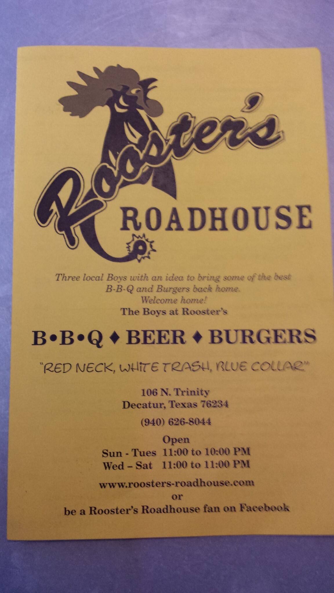 Menu at Rooster's Roadhouse BBQ, Decatur