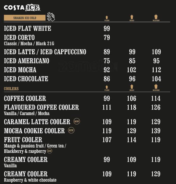 Costa coffee menu