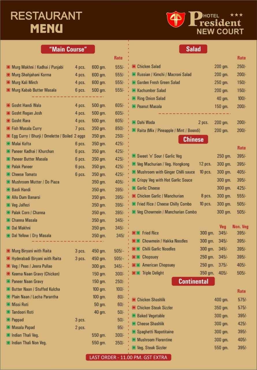 AMERICAN PRESIDENT LINES メニュー　希少 Menu of Hotel President New Court, Shastri Nagar, Jalandhar