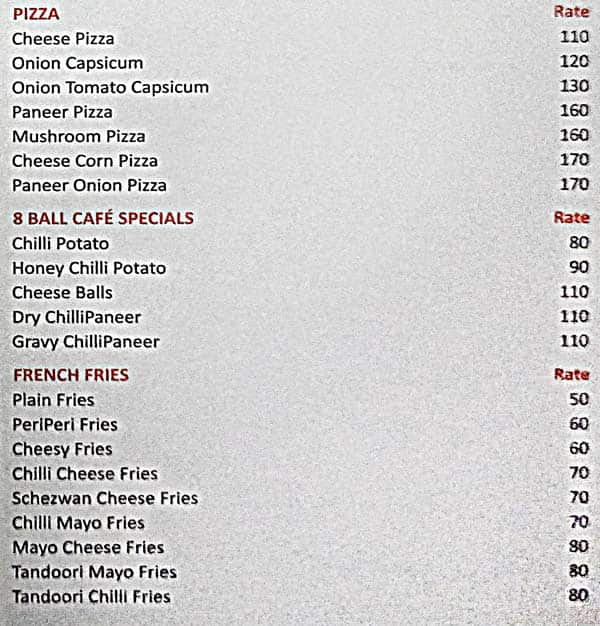 Menu at 8 Ball Cafe, Kota, Plot G5