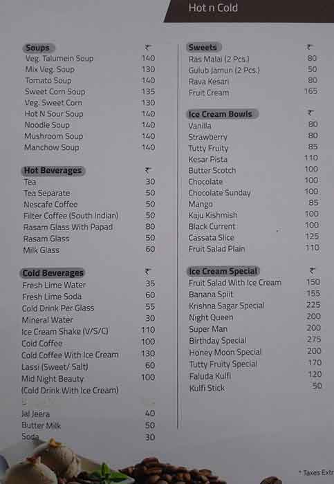 Hotel Krishna Sagar menu