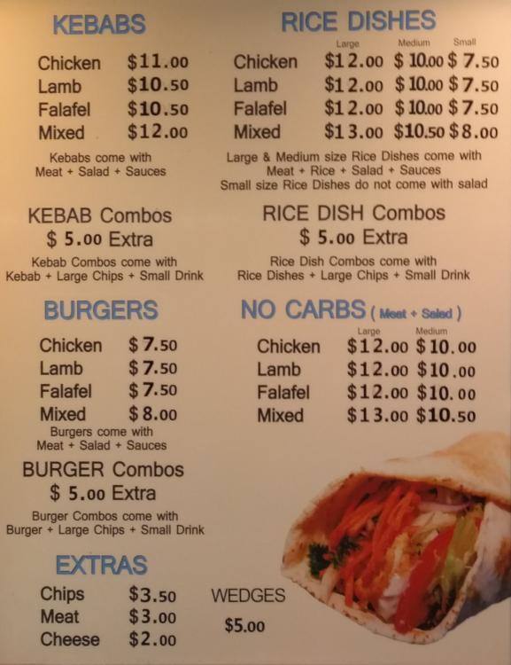 Menu at Olive Kebab restaurant, Auckland, 1 Huron St