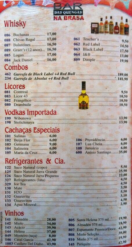 BAR DAS QUENGAS cardápio