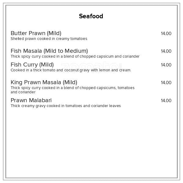 Menu at Indian Taste restaurant, Dunedin