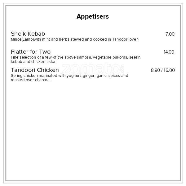 Menu at Indian Taste restaurant, Dunedin