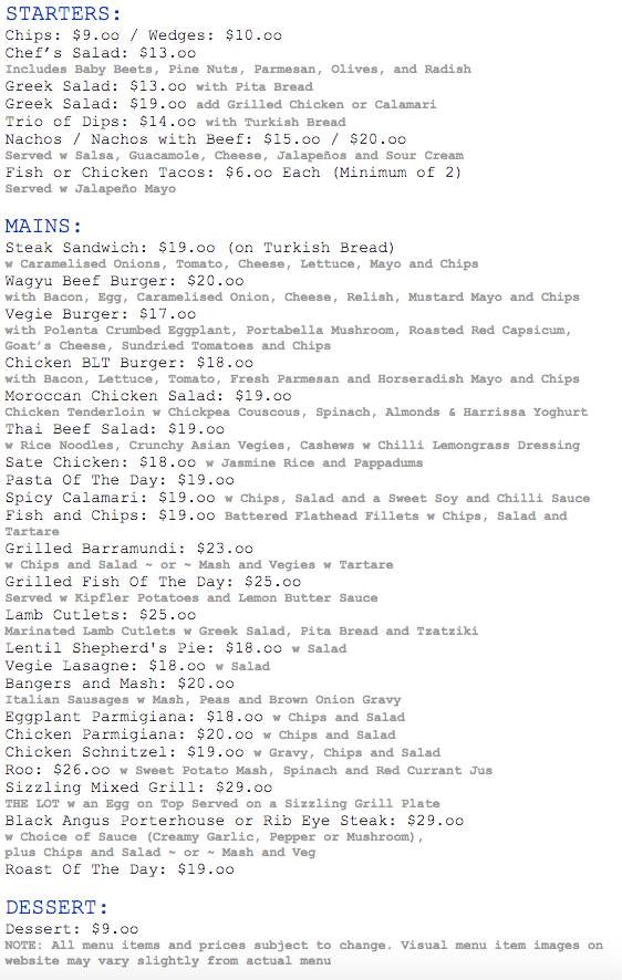 Menu at Town Hall Hotel pub & bar, North Melbourne, 33 Errol St