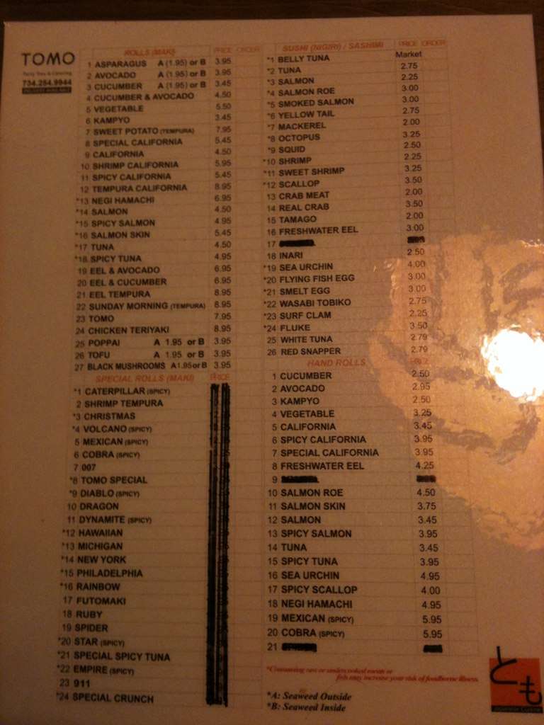 Tomo Japanese Cuisine Menu, Menu for Tomo Japanese Cuisine, Plymouth, Detroit Urbanspoon/Zomato