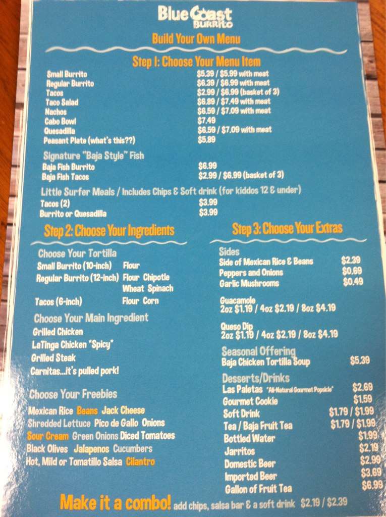 Blue Coast Burrito Menu, Menu for Blue 