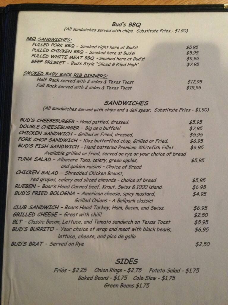 Menu at Buds Tavern pub & bar, Louisville