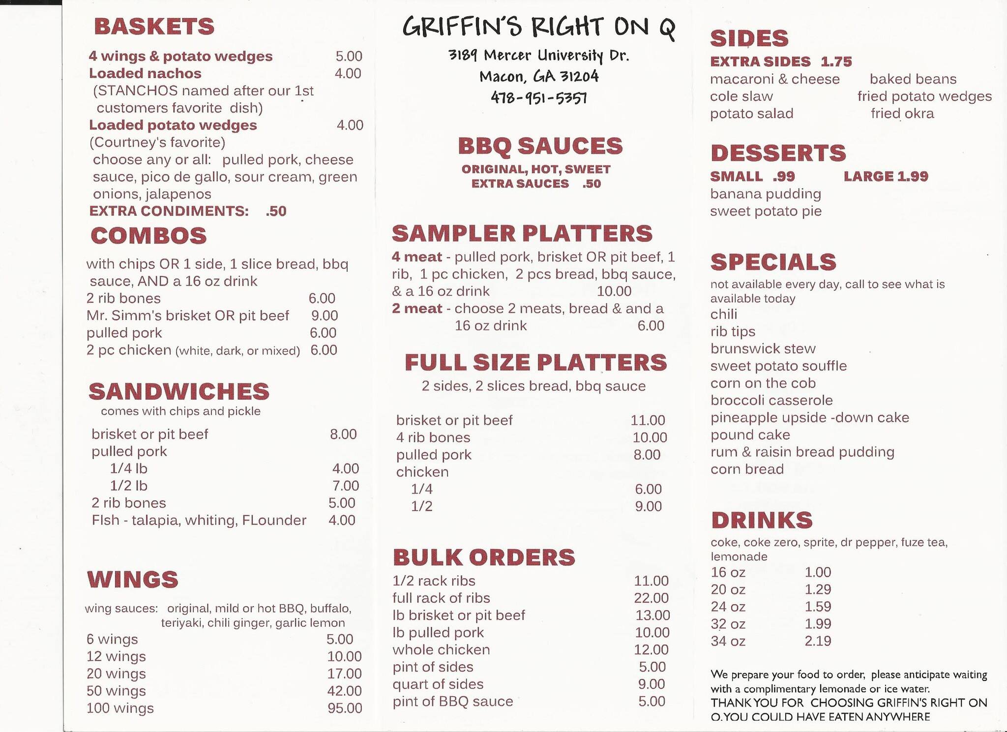 Griffin's Right on Q BBQ Menu Urbanspoon/Zomato