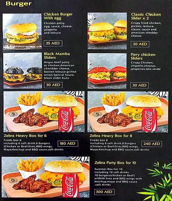 Menu at Zebra cafe, Dubai