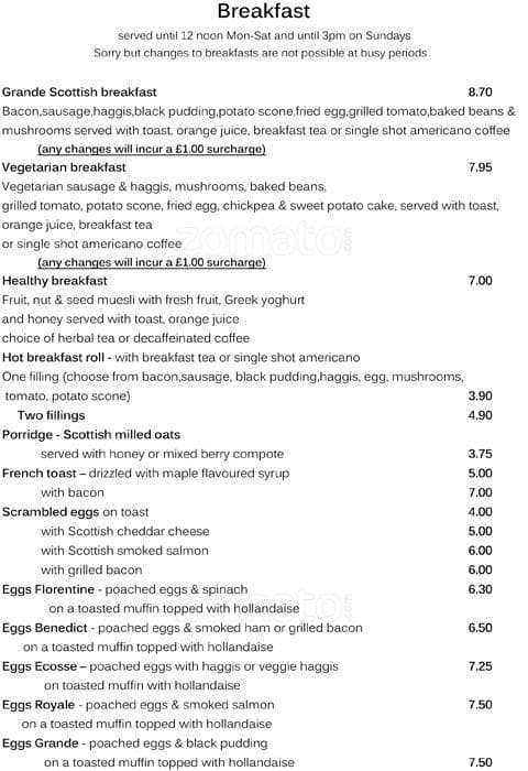 Menu at Cafe Grande, Edinburgh, 182-184 Bruntsfield Pl