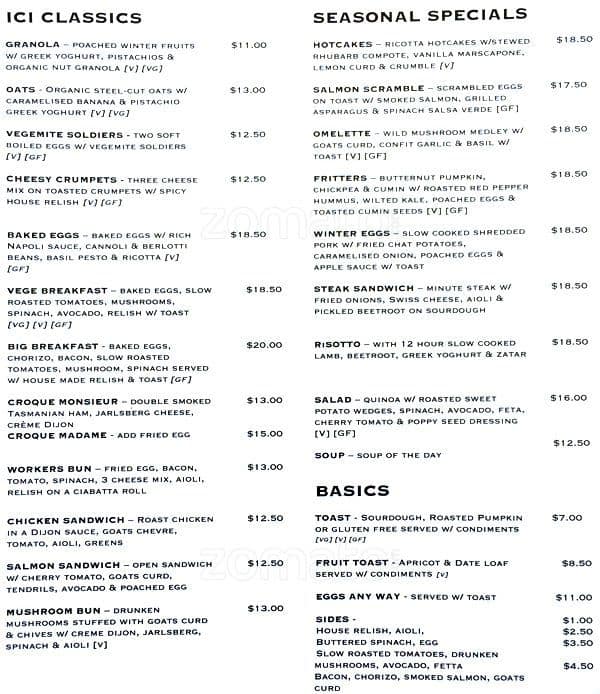 ICI Menu, Menu for ICI, Fitzroy, Melbourne - Urbanspoon/Zomato