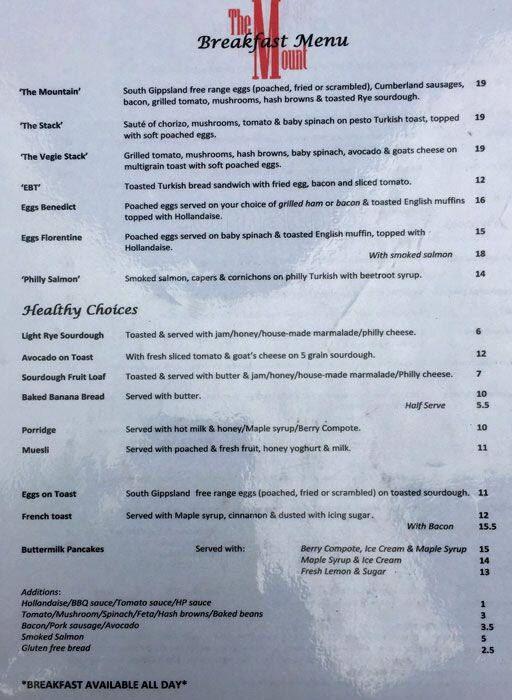 Cafe on the Mount Menu, Menu for Cafe on the Mount, Mount Eliza