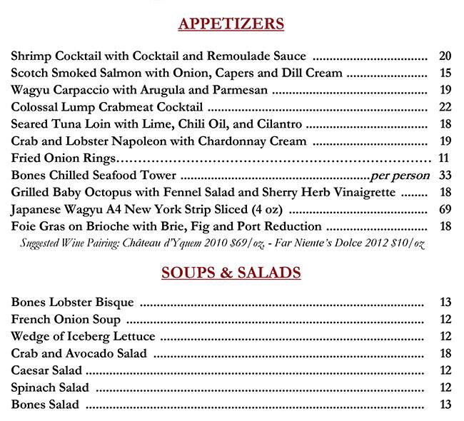 Menu at Bones Restaurant, Atlanta