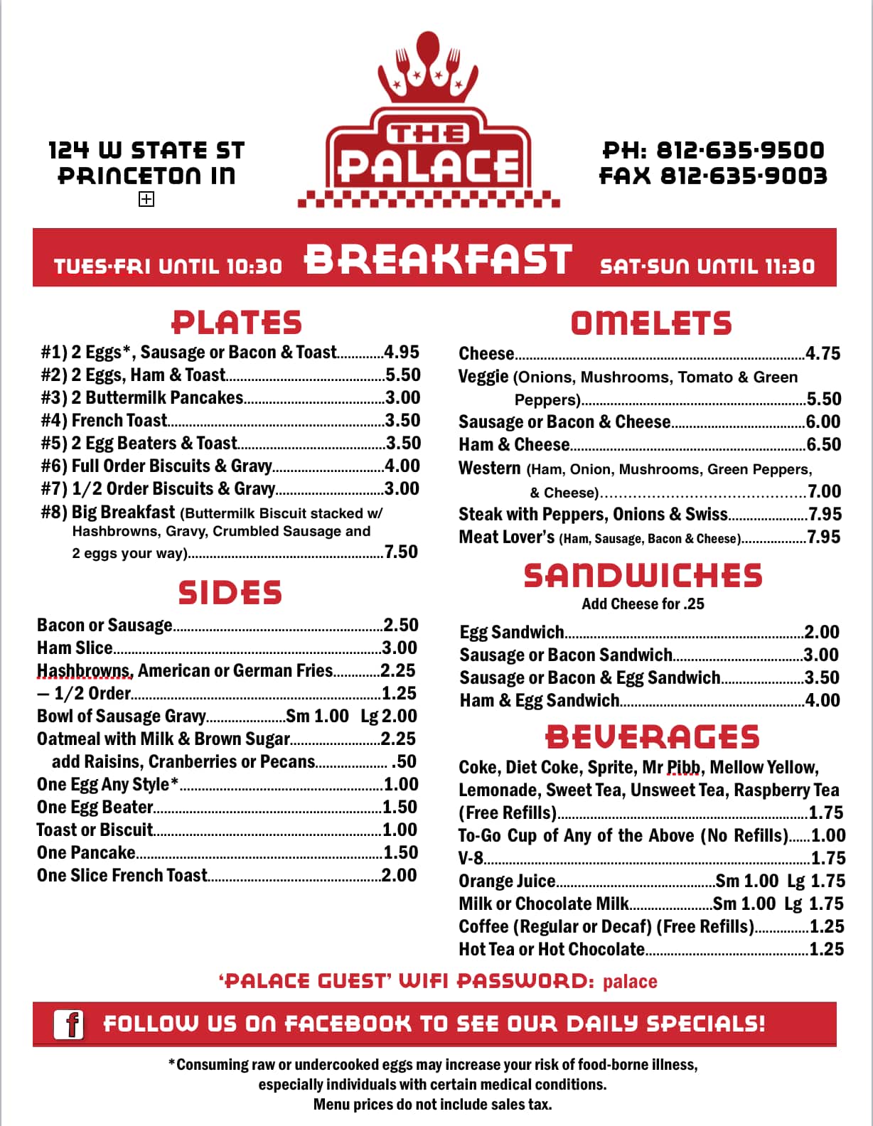 Menu at Palace Cafe, Princeton