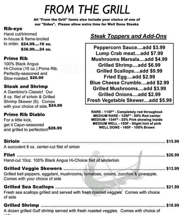 Menu at Gambino's steakhouse, Fairhope