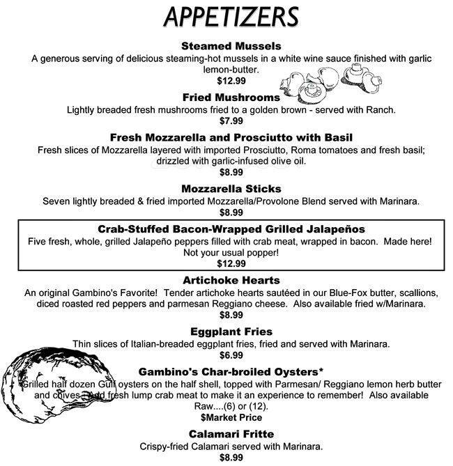 Menu at Gambino's steakhouse, Fairhope