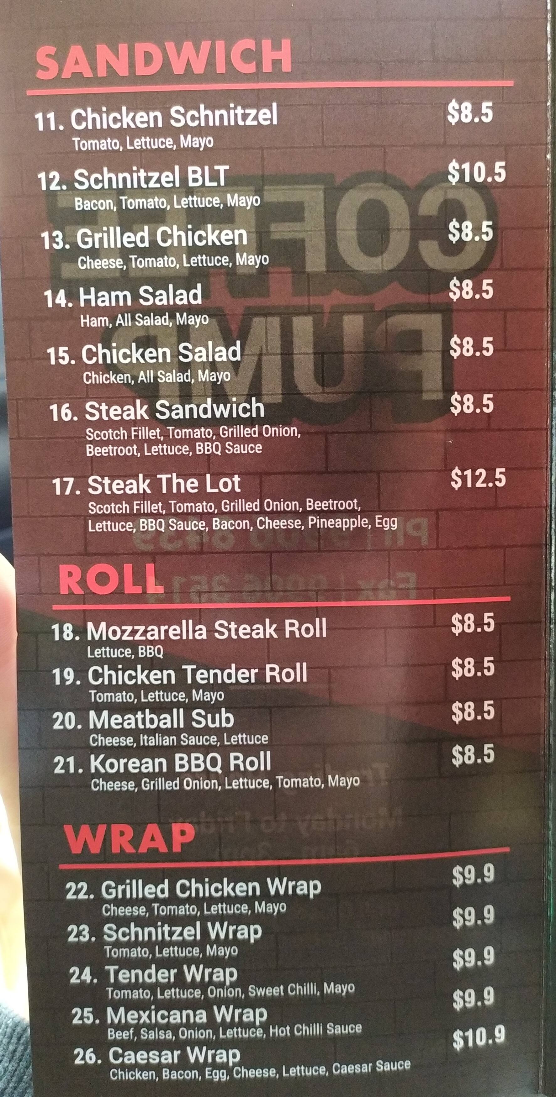 Menu at Coffee Pump cafe, Artarmon