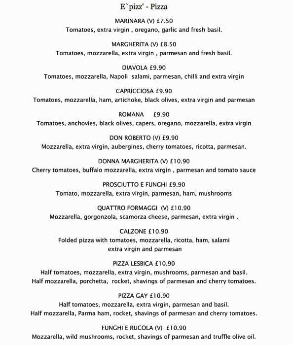 Menu at Donna Margherita pizzeria, London