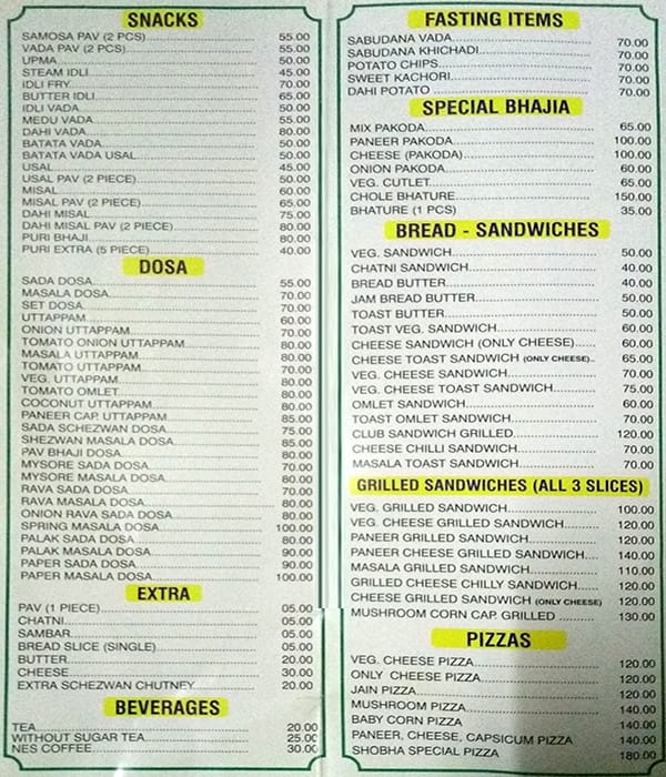 Shobha Veg Delight menu
