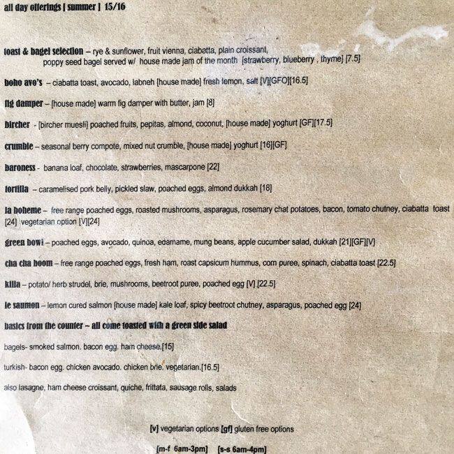 BOHO Espresso Menu, Menu for BOHO Espresso, Scarborough & North Beach