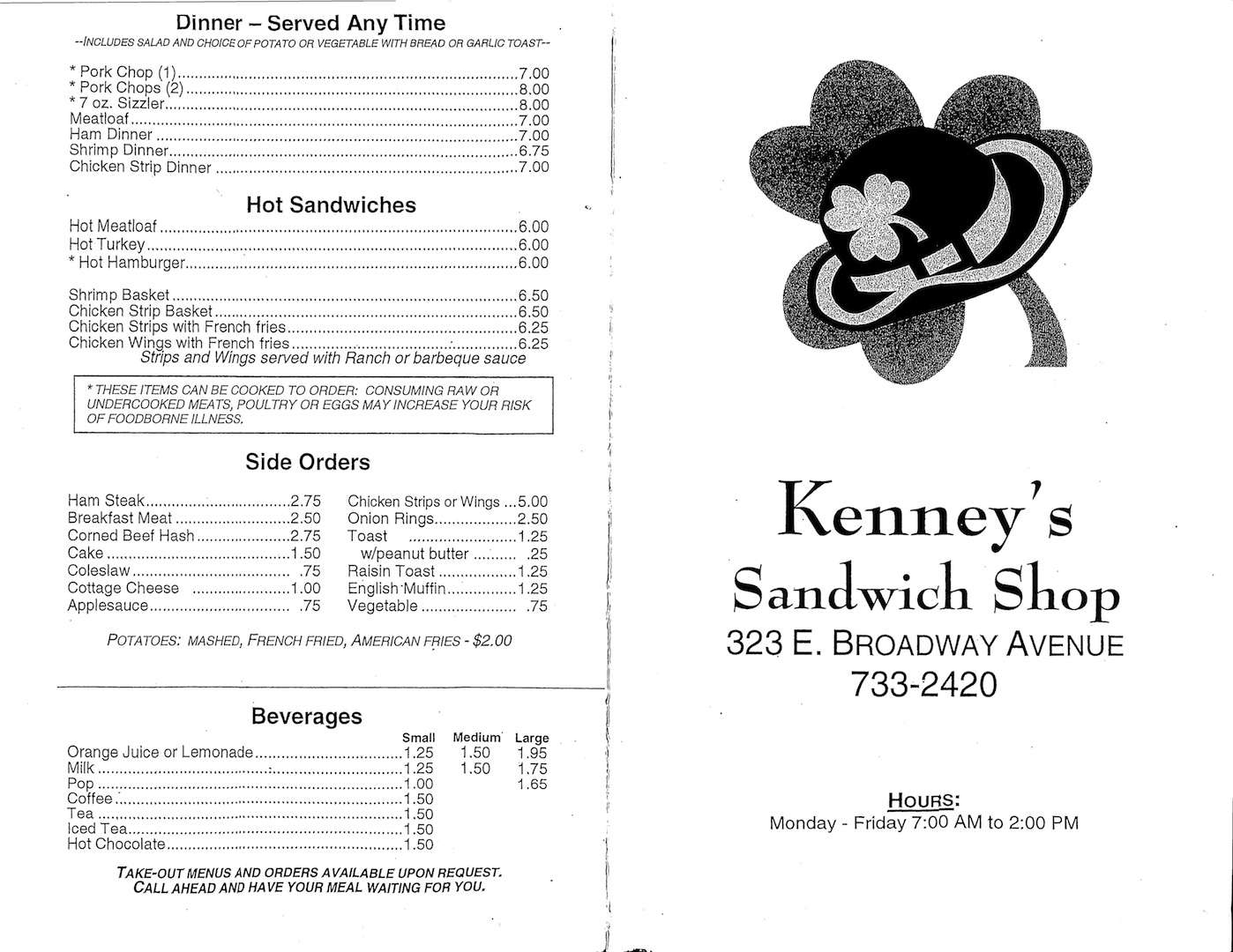 Menu at Kenny's Sandwich Shop restaurant, Muskegon