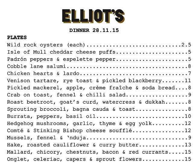 Elliot's Cafe Menu, Menu for Elliot's Cafe, London Bridge, London