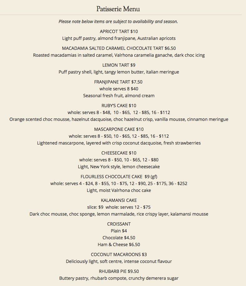 Lorraine's Patisserie Menu Urbanspoon/Zomato